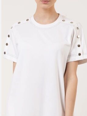 Maje White Short Sleeve Shirt with Decorative Button Trim